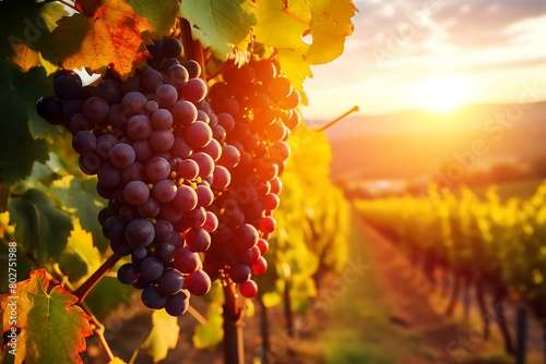 Grapes on the vineyard at sunset. Tuscany, Italy photo