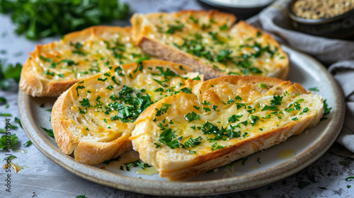 Plate with tasty cut garlic bread on table