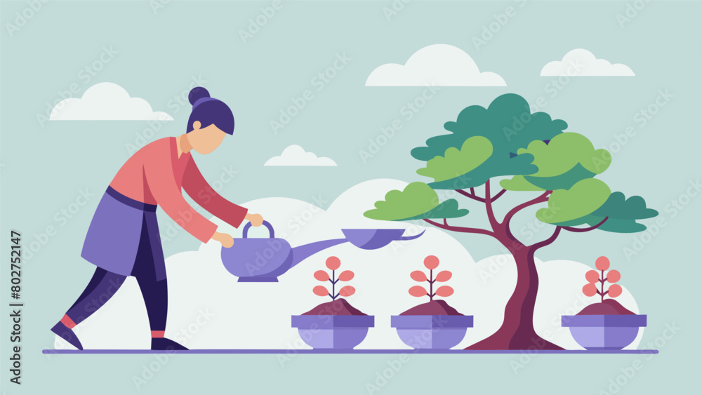 A person watering a row of delicate bonsai trees in a Zen garden their movements slow and purposeful as they nurture the plants.. A person watering a row of delicate bonsai trees in a Zen garden their movements slow and purposeful as they nurture the plants..