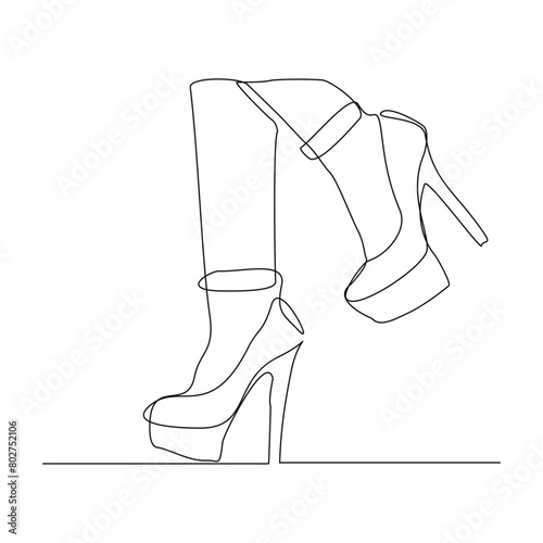 Continuous single line drawing of woman foot wearing high heel high hills shoes. One line art of sport shoes vector illustration