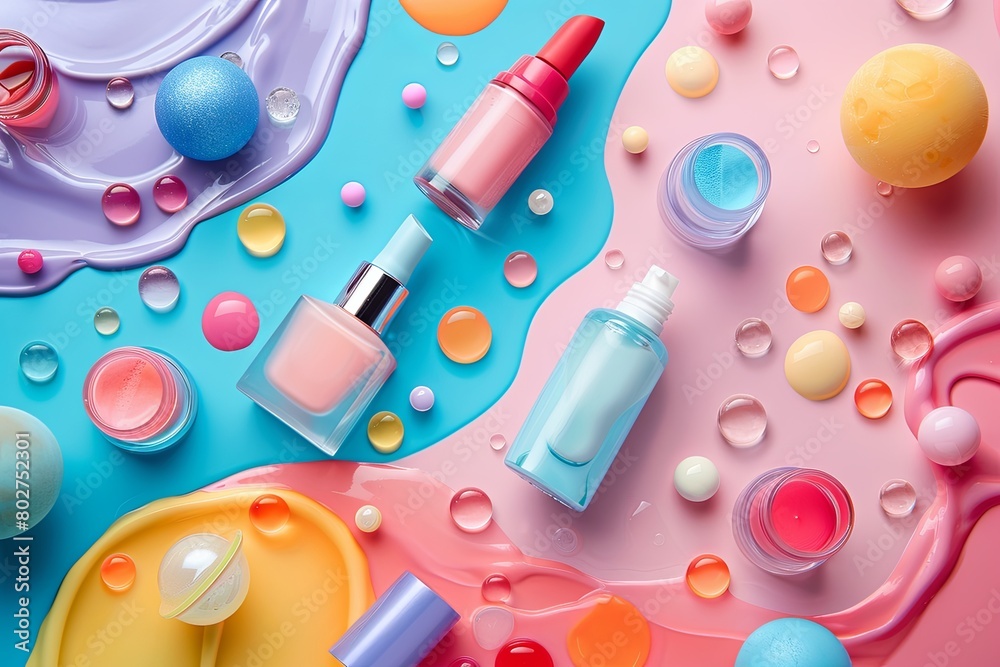 Close-up view of a variety of cosmetic items arranged on a vibrant, colorful surface. Generative AI Close-up view of a variety of cosmetic items arranged on a vibrant, colorful surface. Generative AI
