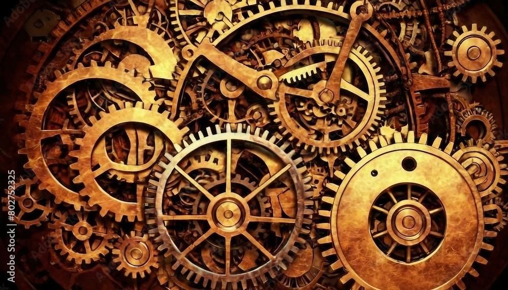 Abstract steampunk-inspired background with industrial machinery and gears.