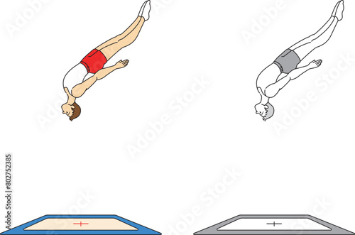 トランポリン競技をする男性アスリートのイラストセット／Illustration set of male athletes playing trampoline competitions