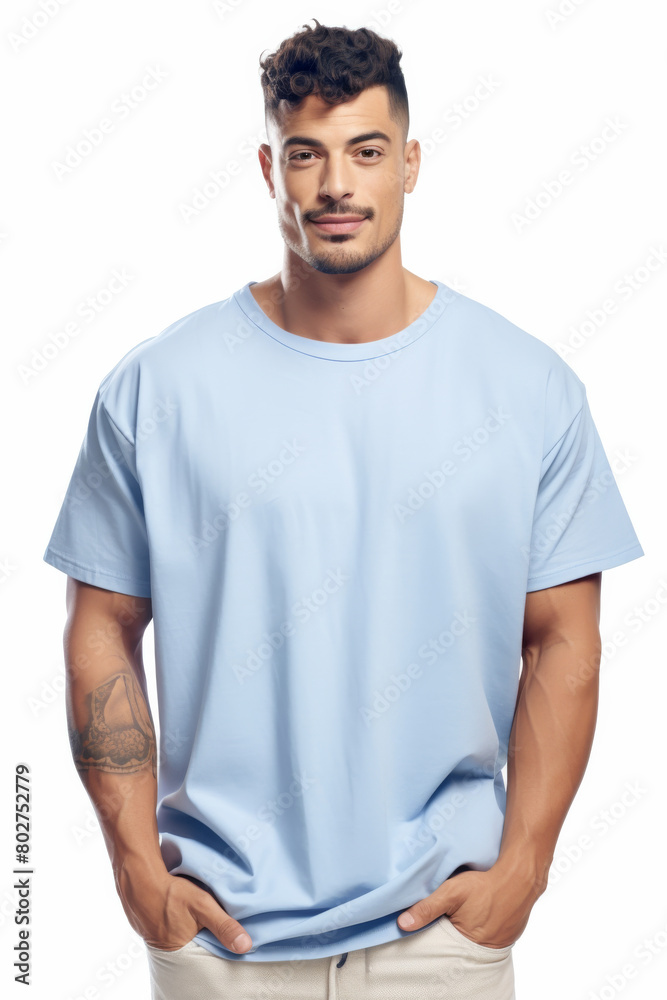 Latin american latino man wearing plain pure light blue blank oversized crew neck loose t-shirt isolated on white background Latin american latino man wearing plain pure light blue blank oversized crew neck loose t-shirt isolated on white background