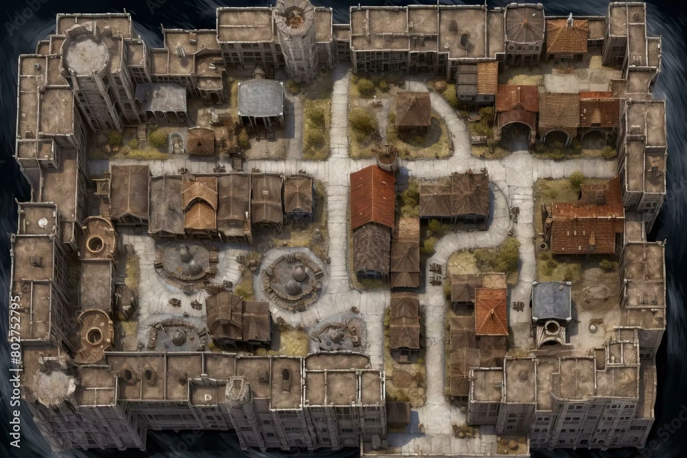 DnD Battlemap abandoned, city, medieval, top-down, view, large