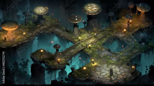 DnD Battlemap cavern, fungal, forest, overhead view, lush, subterranean landscape