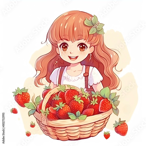 A cute girl with a basket of freshly picked strawberries, smiling brightly as she enjoys the fruits of spring