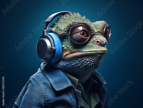 A frog wearing headphones and glasses