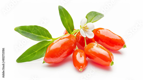 Fresh goji berries with green leaves isolated on a white background. photo