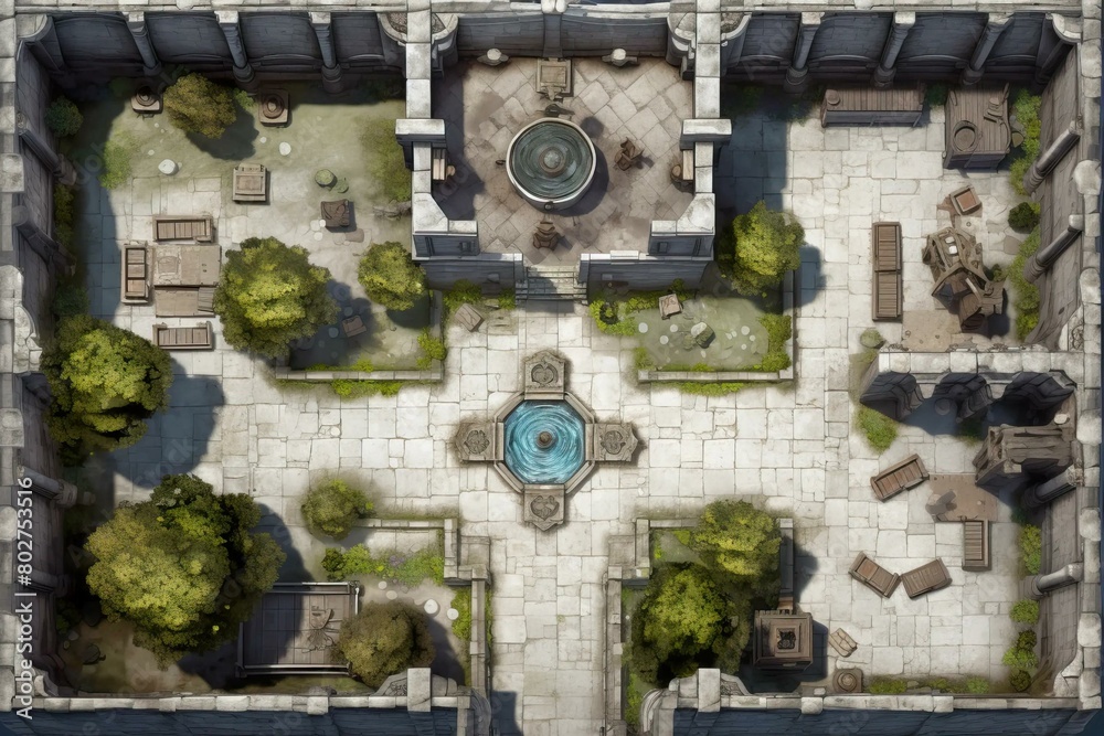 DnD Battlemap castle, courtyard, battle, warriors, fighting, medieval