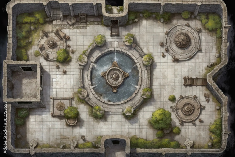 DnD Battlemap castle, courtyard, sprawling, grand, fountain, majestic DnD Battlemap castle, courtyard, sprawling, grand, fountain, majestic