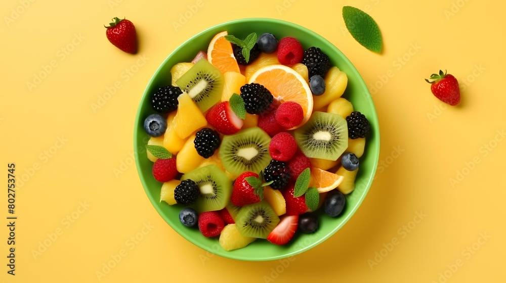 Plate with fresh fruit salad on yellow background, top view. Healthy food