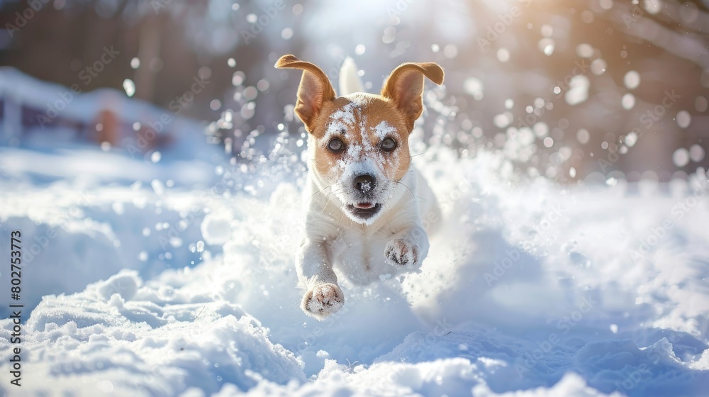 Dog playing in the snow, capturing the joy and energy of winter activities, engaging and fun Dog playing in the snow, capturing the joy and energy of winter activities, engaging and fun