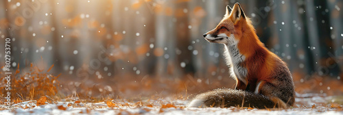 wild red fox in winter on snowy forest. Panoramic wildlife landscape