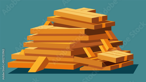Piles of discarded lumber are stacked neatly according to size providing a treasure trove of options for DIY projects.. Vector illustration