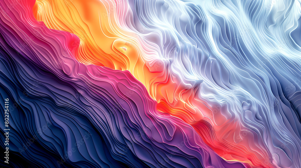 Colorful digital art depicting flowing topographical lines in warm and cool tones Colorful digital art depicting flowing topographical lines in warm and cool tones