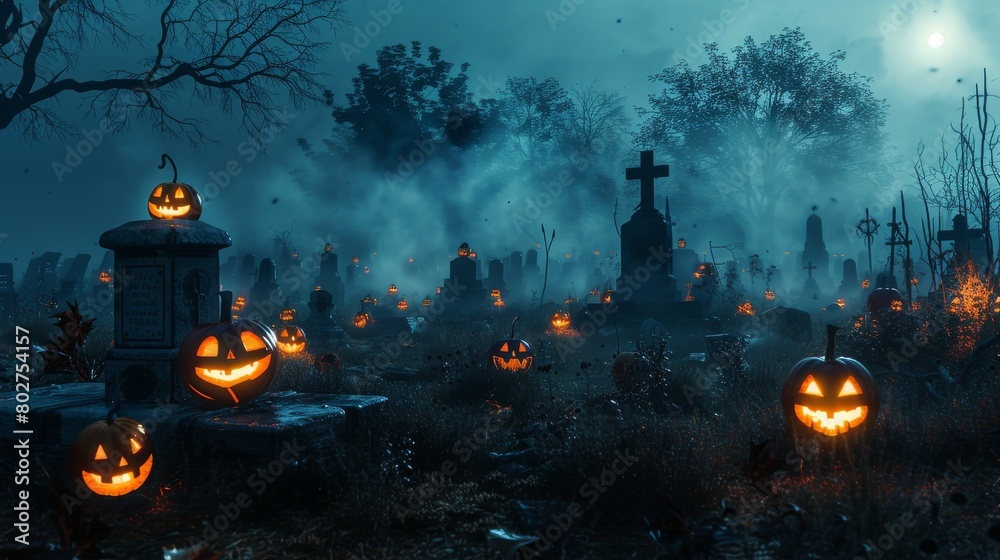 Creepy graveyard at night with fog and faintly glowing jackolanterns, setting the mood for haunted attractions Creepy graveyard at night with fog and faintly glowing jackolanterns, setting the mood for haunted attractions