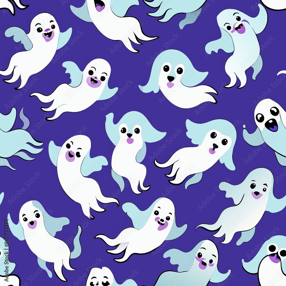 Seamless pattern of adorable ghost puppies chasing tails, Generative AI Seamless pattern of adorable ghost puppies chasing tails, Generative AI