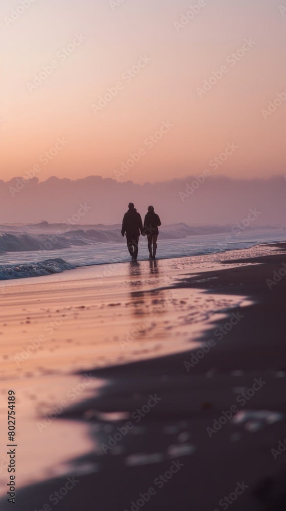 Naklejka premium Couple strolling along a deserted ocean shore, peaceful and romantic with soft pastel sunset colors