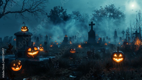 Creepy graveyard at night with fog and faintly glowing jackolanterns, setting the mood for haunted attractions