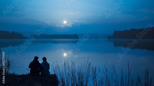 Couple watching a romantic moonrise over a calm lake, intimate and serene, ideal for travel and leisure advertising