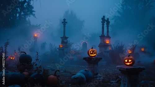 Creepy graveyard at night with fog and faintly glowing jackolanterns  setting the mood for haunted attractions