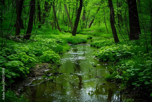 A babbling brook surrounded by spring?? greenery