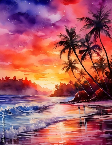 Tropical beach sunset with palm trees overlooking the ocean