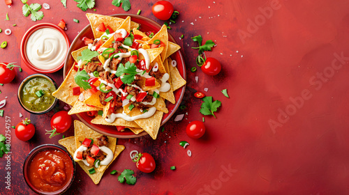 Plate with tasty nachos and sauces on color background © Rimsha