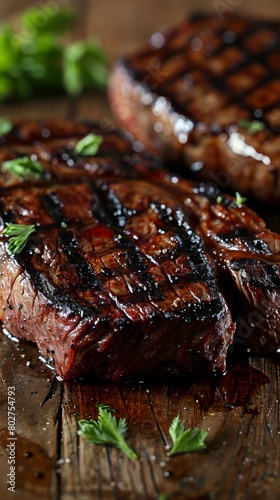 Closeup of juicy grilled steak with perfect grill marks, set on a rustic wooden table, highlighting quality and taste