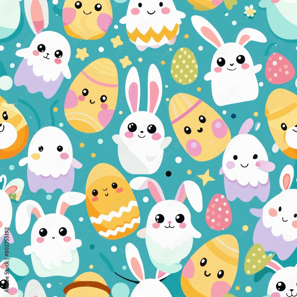 Seamless pattern of adorable ghost bunnies with Easter eggs, Generative AI Seamless pattern of adorable ghost bunnies with Easter eggs, Generative AI