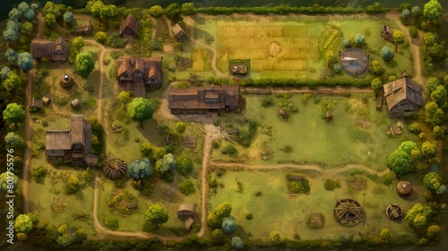 DnD Battlemap Farm of the Elemental. Mystical and serene farm landscape. © Fox