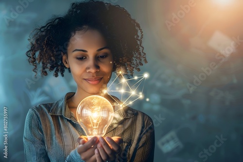 Innovative young woman holding a glowing light bulb with digital effects