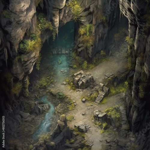 DnD Battlemap Hidden Cave Entrance Among Rocks. Rocks and cave entrance image in 4K.