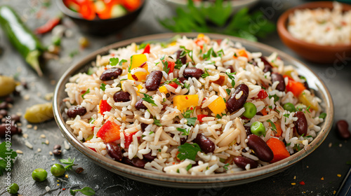 Plate with tasty rice beans and vegetables on table
