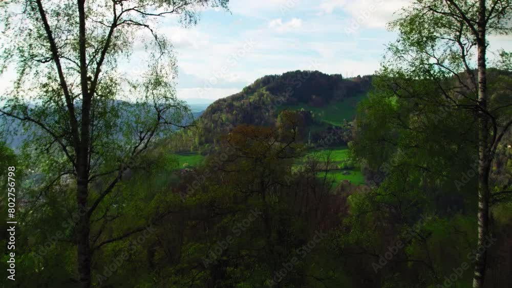 Drone moving in between tree branches to reveal the rural area near Montreux, Switzerland Drone moving in between tree branches to reveal the rural area near Montreux, Switzerland