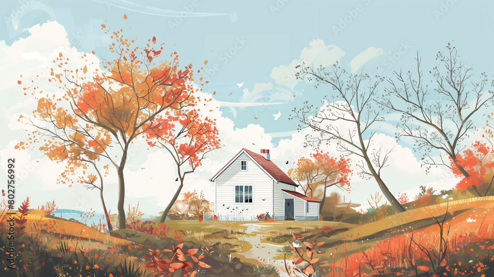 Autumnal rural landscape with cozy cottage