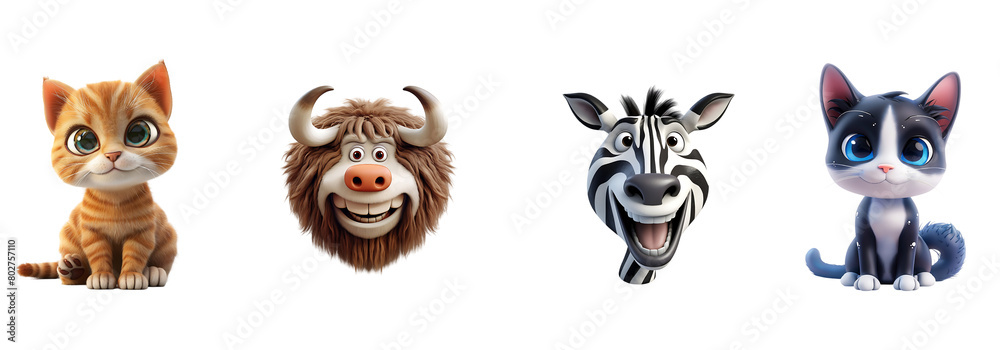 Fototapeta premium Funny Animals cartoon set with a smiling face on transparent background cutout, PNG file.