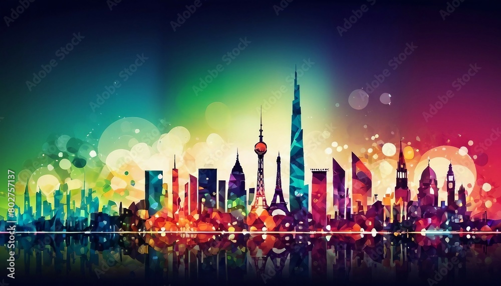 Abstract city skyline background with iconic landmarks and buildings.