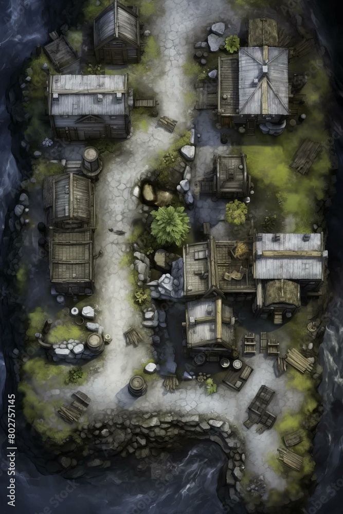DnD Battlemap Village by the Crystal Caverns - Peaceful village near sparkling caves.