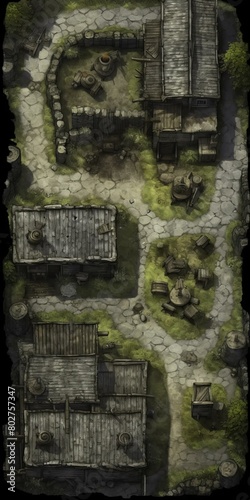 DnD Battlemap Wraiths Abandoned Village. Lonely ruins under ominous sky.