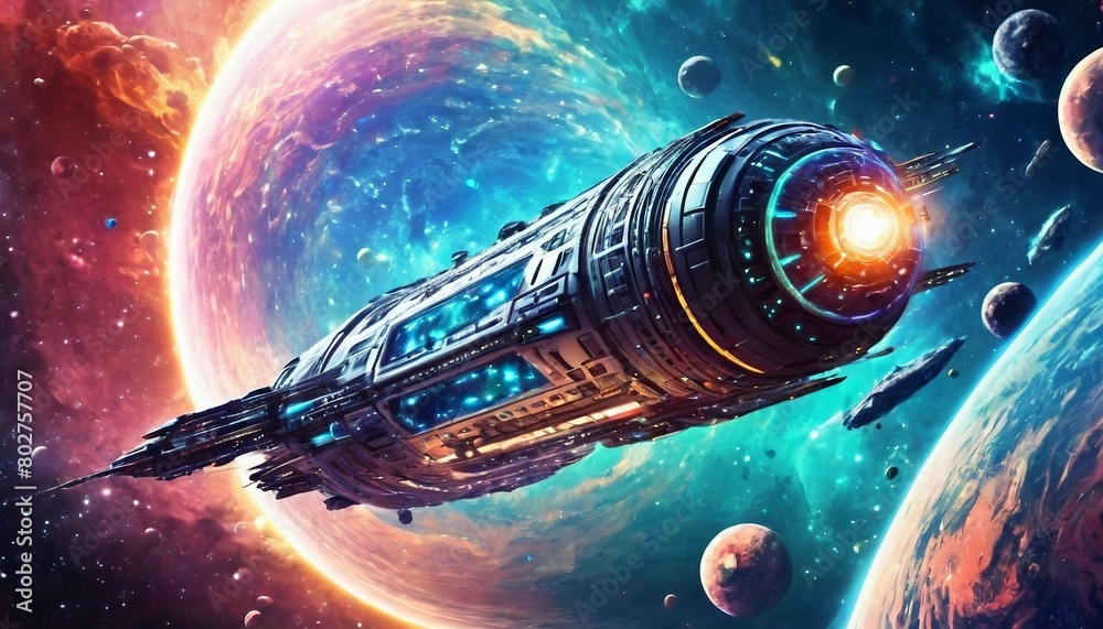 Naklejka premium Abstract interstellar voyage background with futuristic spacecraft and cosmic landscapes. 
