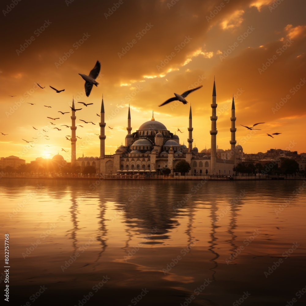 The Blue Mosque in Istanbul, Turkey at sunset with flying seagulls