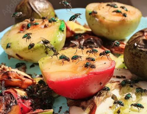 Flies buzzing around rotting vegetables