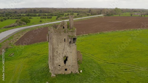 Srah Castle weathered and old with cracks in tower defenses, aerial parallax photo