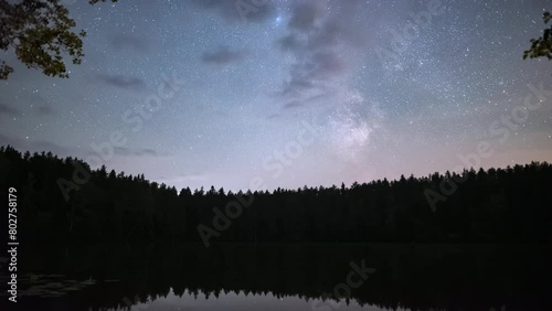 Calm forest lake at night with clouds and the starry night milky way, tilt up photo