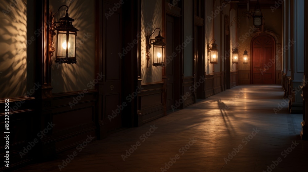 Illuminated corridor in an old building. 3D rendering.