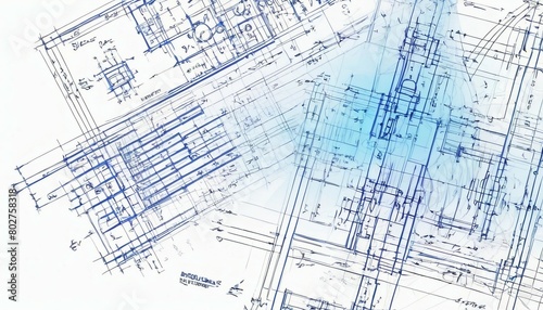 Abstract architectural blueprint background with technical drawings and measurements.