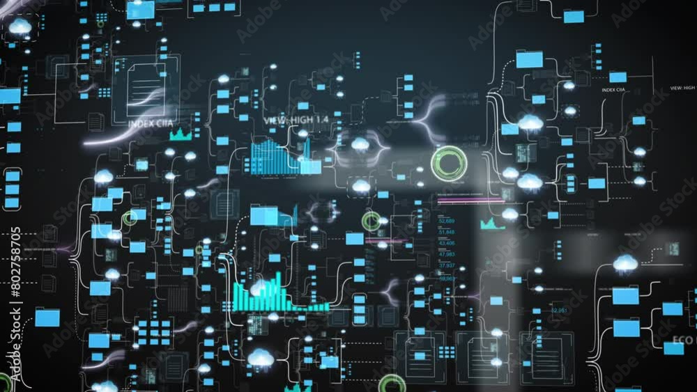Network grid of files and folders with futuristic software interface digital document management system, store, cloud computing, animation on black background