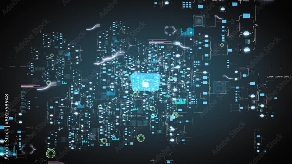 Data spreads from security folder with password lock, global computing network, ai tools animation on black